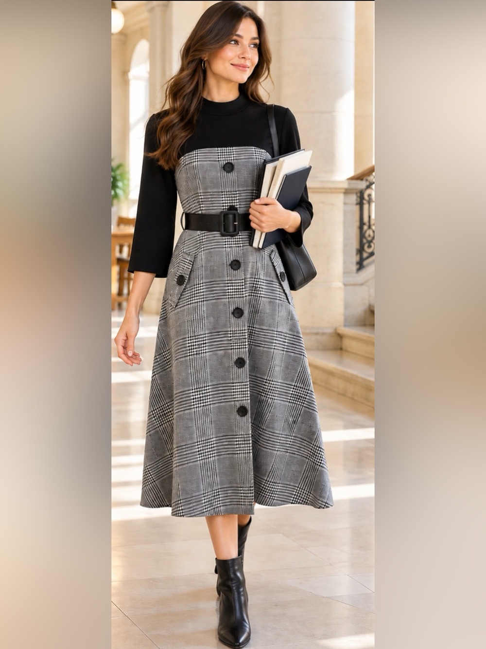 Plaid A-Line Midi Dress Two-Tone Black and Gray, Belted. Lai Meng Five Cats. M